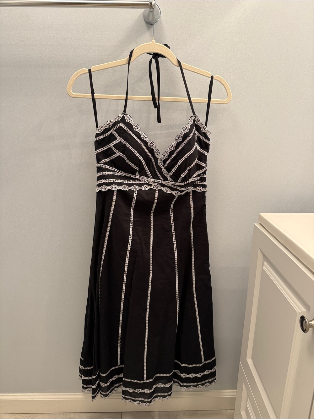 White House Black Market Black Halter Dress with White Embroidered Trim